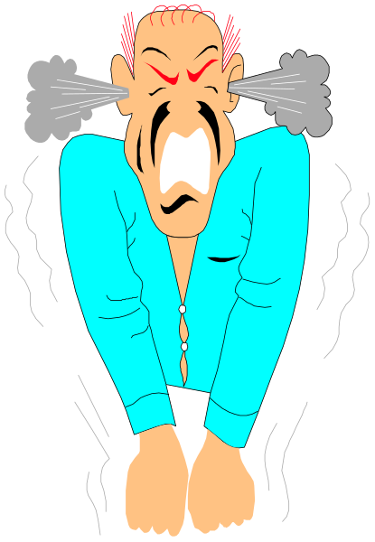 The cartoon shows a man with his arms crossed over him while he appears to be yelling at someone off-camera; steam is coming out of his ears as if from anger or frustration.