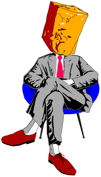 The image shows a cartoon of an anthropomorphic block with human features sitting on top of another smaller block that is wearing red shoes; both blocks have arms crossed over their chests while seated in chairs against a black background, and there's no text present.