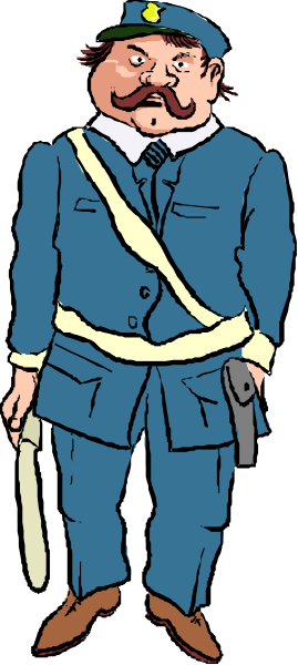The illustration shows a cartoon of an old man dressed as a military officer with medals on his chest standing next to another figure who appears to be holding a rifle in one hand while pointing at something off-frame, and he is wearing blue uniform pants that have white stripes down the sides.