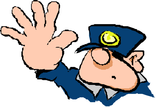The image shows a cartoon of an animated police officer waving with his left hand while standing on what appears to be a street corner at nighttime.