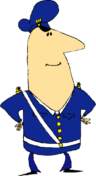 The cartoon depicts a blue uniformed character standing upright with arms outstretched against a black background.