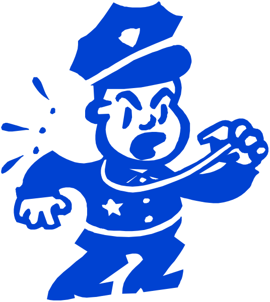 The image shows a cartoon of an animated character that appears to be male with exaggerated features such as large eyes and hands in motion near his mouth, which is open wide. He has short hair and wears what looks like blue clothing resembling police attire; specifically he's wearing a uniform hat on top of the head, suggesting it might represent an officer or detective character from animation. The style suggests this could be part of a logo for law enforcement services due to its design elements such as badge-like insignia and star motif in his outfit.