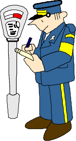 The cartoon depicts a police officer standing next to an electronic parking meter with his hand on it while writing something down in a notebook.