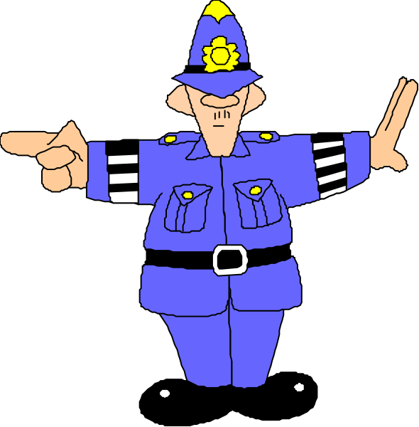 The image shows a cartoon of an officer pointing with his right hand while standing on what appears to be police tape.