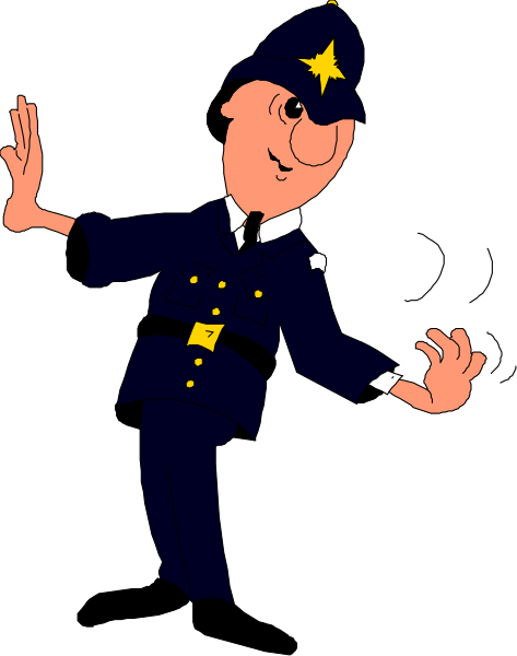 The cartoon depicts a police officer with his arms outstretched against a black background.