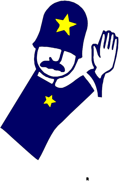 The image shows a cartoon of an officer waving with his left hand while standing behind bars that resemble a flagpole; he is wearing a blue uniform hat adorned with stars on top, suggesting it's from law enforcement in America given its design and color scheme.