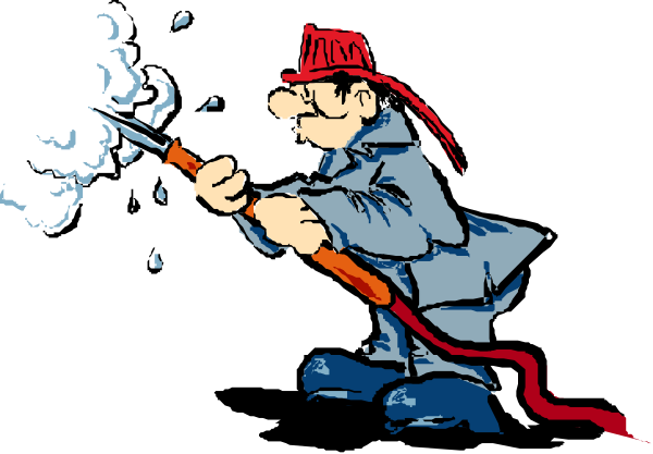 The cartoon depicts a man with an exaggerated mustache holding what appears to be dynamite fuses while standing in front of smoke from explosions behind him; he is wearing a red hat and coat, suggesting historical attire for firefighting or similar activity.
