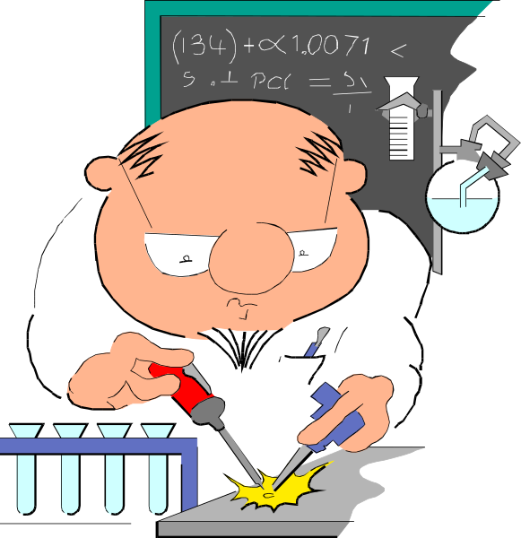The cartoon depicts a scientist working at his lab bench with various scientific equipment around him; he is wearing glasses and appears to be focused on an experiment involving test tubes filled with colorful liquids under flasks, while in front of him there's a chalkboard displaying mathematical equations.