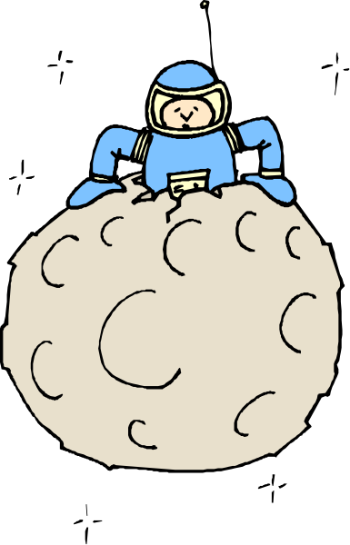 The image shows a cartoon of an astronaut sitting on top of what appears to be a planet with craters in space.
