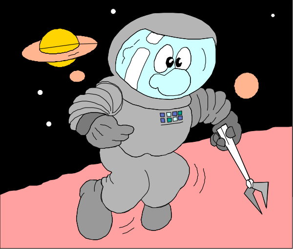 The cartoon depicts an astronaut on a space mission with planets visible behind him; he is running towards his spaceship while holding tools in hand.