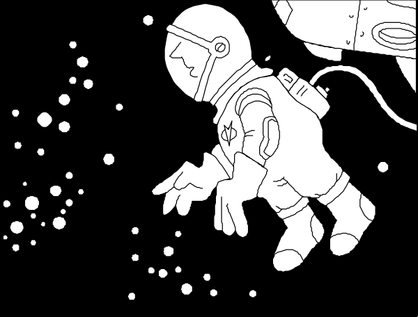 The black and white illustration shows an astronaut floating through space with stars around them.