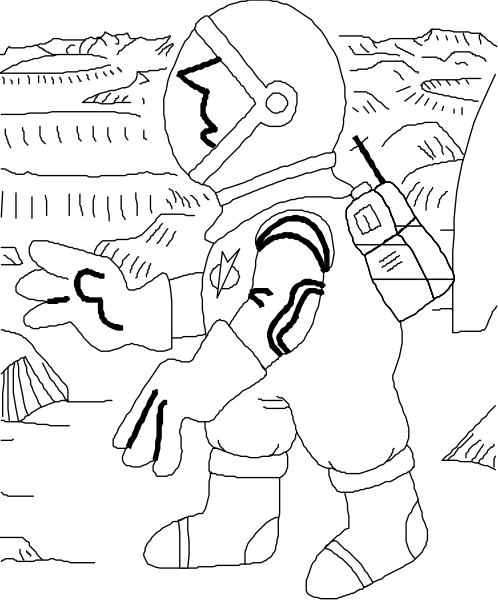 The black and white illustration shows an astronaut standing upright with a hand extended forward as if waving to someone off-frame.