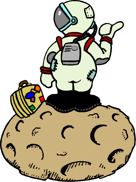 The illustration depicts an astronaut standing on a cookie with his hand pointing upwards towards space, while another smaller figure is sitting atop the same cookie in front of him.