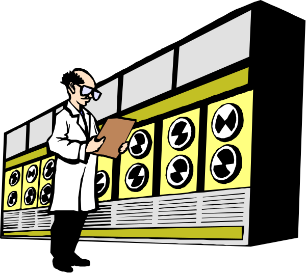 The illustration shows a man standing next to several washing machines with their doors open inside what appears to be an industrial laundry facility at nighttime.