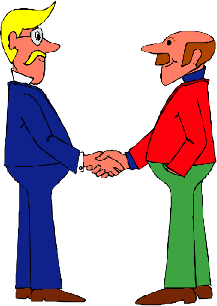 The cartoon shows two men shaking hands; both wear suits with ties, suggesting a formal occasion such as business meeting.