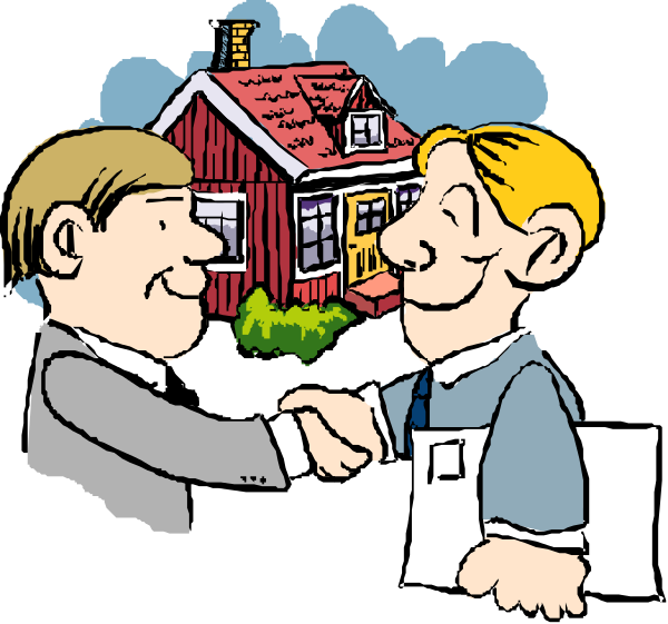 The image shows a cartoon of two men shaking hands over an illustration of a house; both characters appear to be in business attire with one wearing glasses and holding papers while smiling at each other.