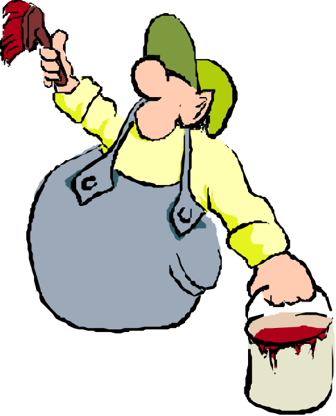 The cartoon shows a man with an overweight belly holding two buckets of paint; he is wearing blue jeans, yellow suspenders, and has one hand on his hip while pointing to something off-frame with another hand that holds a brush in it.