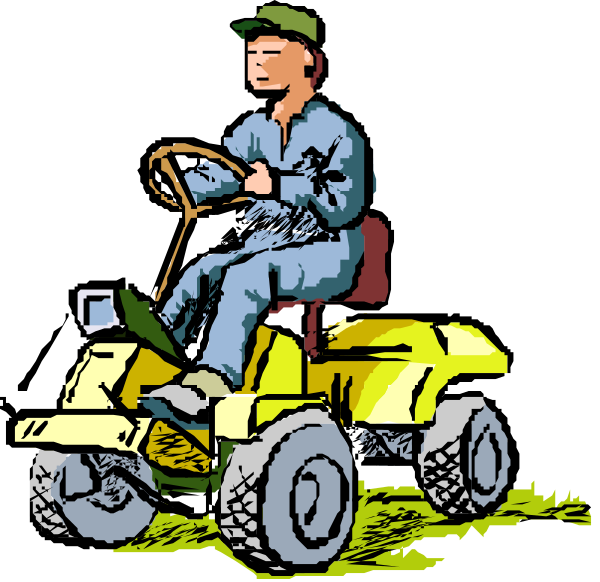 The image shows a man driving an all terrain vehicle (ATV) on what appears to be farmland with grassy areas interspersed by dirt patches.