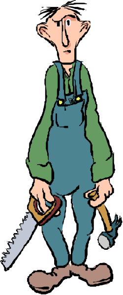 The cartoon shows a man with an overgrown beard standing next to his tools on what appears to be a construction site; he is wearing blue coveralls and holding two hammers in each hand while looking down at them, suggesting that he might have been working or preparing for work before the image was taken.