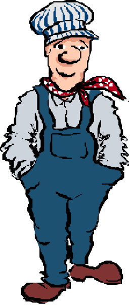 The cartoon depicts a man wearing overalls standing next to an illustration of himself as a child with his hands in pockets; both figures have blue shirts and red ties.