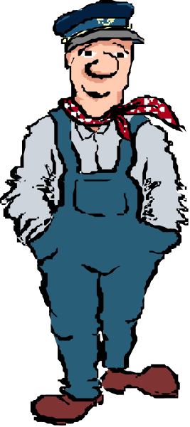 The image shows a cartoon of an old man standing on train tracks with his hands behind him; he is wearing overalls and has white hair.