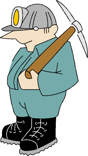 The cartoon depicts a miner holding an axe while standing next to his pickaxe on what appears to be coal in front of him.
