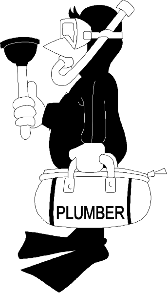 The black and white cartoon shows a plumber with tools standing next to an open toolbox labeled "PLUMBER."