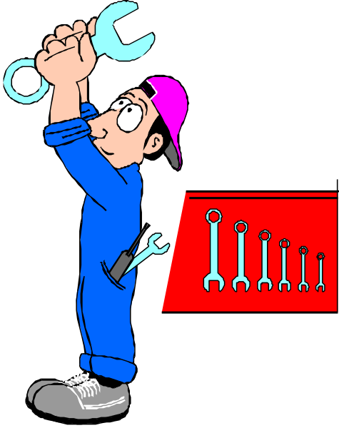 The cartoon shows a man wearing blue overalls with white sneakers holding an open toolbox filled with various tools such as wrenches and screwdrivers while standing in front of it on what appears to be a red background, possibly indicating that he is working or fixing something related to the image.