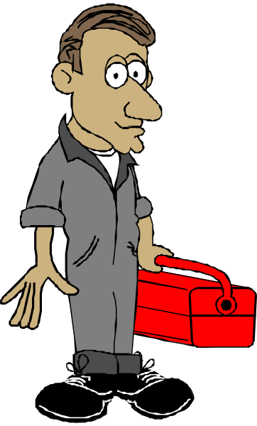 The cartoon shows a man standing next to an open red toolbox with tools inside it; he is wearing blue overalls and has his hands in front of him as if gesturing while speaking.
