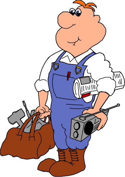 The cartoon depicts a man with tools standing next to bags of luggage; he is wearing overalls and has glasses on his head.