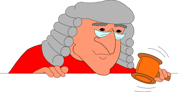 The cartoon shows a man with glasses wearing a red robe holding an orange gavel over his shoulder while sitting at a desk in front of him; he has white hair and is looking downward to the left, seemingly deep in thought.