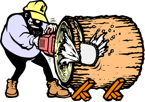 The cartoon shows a man using an axe to cut through wood while standing on top of it with his legs crossed over each other; he is wearing boots and has a beard.
