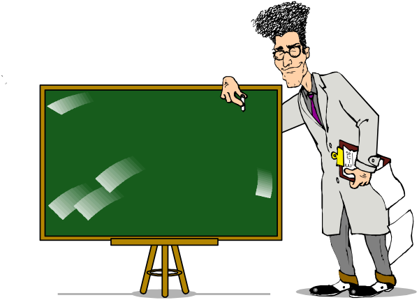 The cartoon shows a man standing next to an easel with chalkboard on it; he is pointing at something in front of him while holding what appears to be a piece of paper.