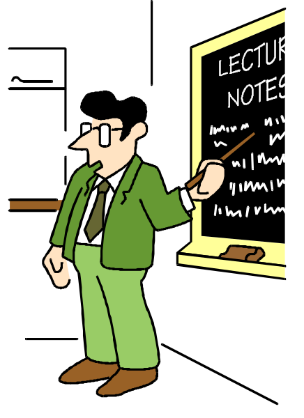 The cartoon depicts a man standing at an easel with chalkboard notes on it, gesturing towards them while holding up his finger as if to emphasize something he's saying in front of what appears to be a classroom setting.