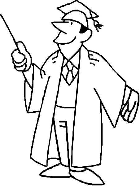 The black and white cartoon shows a man wearing glasses standing on top of an open book with his hand raised as if giving directions to someone off-screen; he is pointing towards something in front of him while smiling, suggesting that it's important for them to see what they are looking at or discussing.