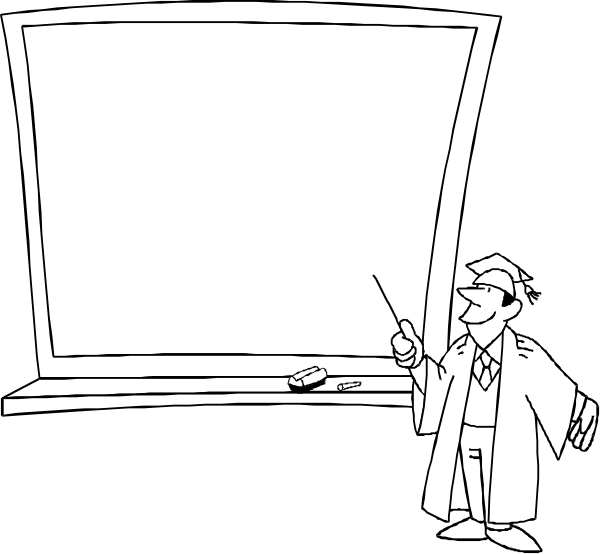 The black and white cartoon shows a man standing at an easel with chalkboard backgrounds on either side of him; he is pointing to one board while holding out his hand as if gesturing towards it, wearing glasses and dressed in academic attire including cap and gown.