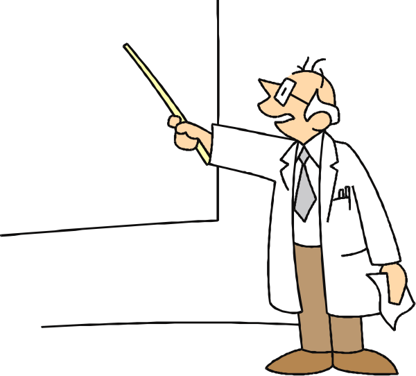 The cartoon depicts a man standing at an easel with chalk pointing to something on it while holding up his finger as if teaching or explaining. He is wearing glasses, has gray hair, wears brown shoes and pants, and holds what appears to be a pointer in one hand.