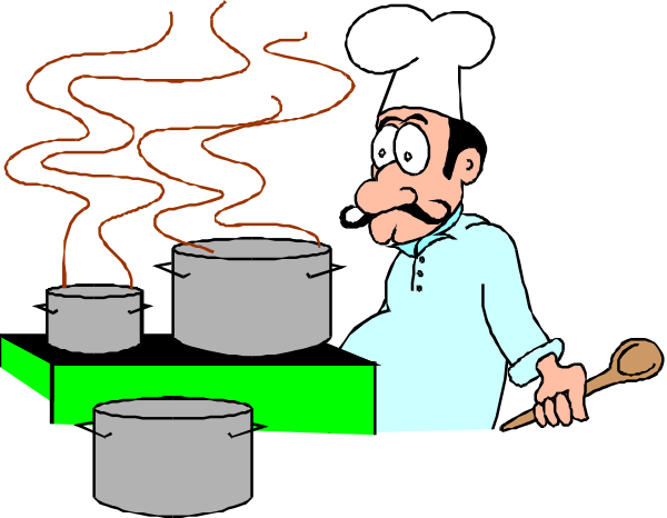 The cartoon shows a chef cooking over pots of boiling water with steam rising from them; he is wearing an apron and has his back to us while looking at something off-screen.