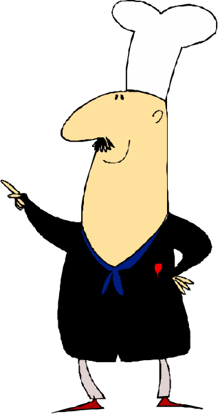 The cartoon shows a chef standing against a black background with his arms crossed over him; he is wearing an apron and has white hair on top of his head.