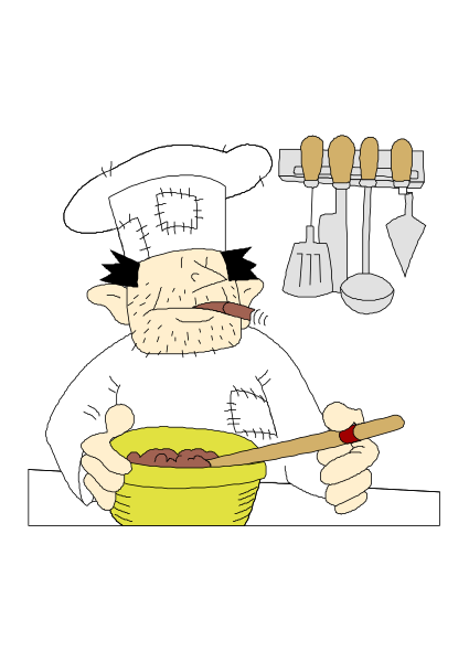 The illustration shows a cartoon chef with exaggerated features preparing food at his workstation while holding up an empty bowl to receive ingredients from another person off-frame who is pouring something into it using both hands, and there's also a knife visible in front of them on the countertop.