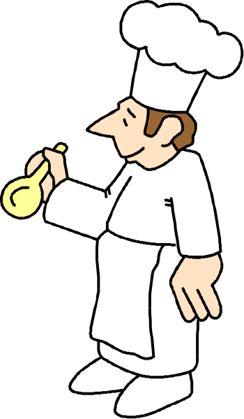 The cartoon depicts a chef holding an instrument to his mouth while standing next to a wall with black background.