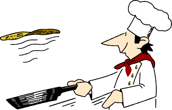 The cartoon shows a chef with exaggerated features preparing food at night under artificial light; he is holding an eggplant in one hand while stirring something else on his stove top with another utensil.