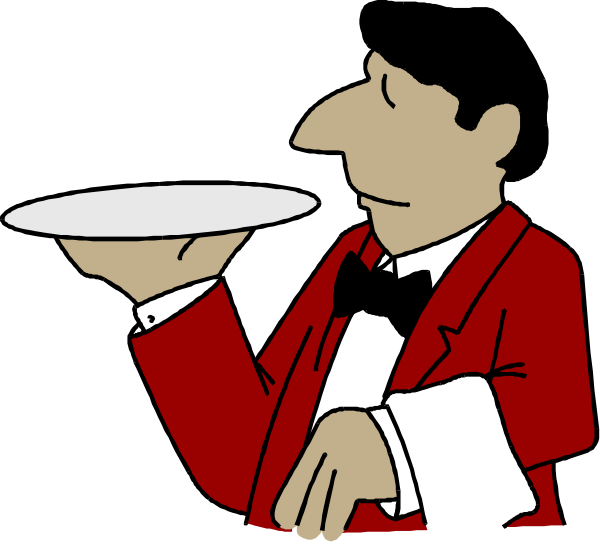 The cartoon shows a waiter holding two plates of food on his arms while standing behind a counter with an open menu in front him.