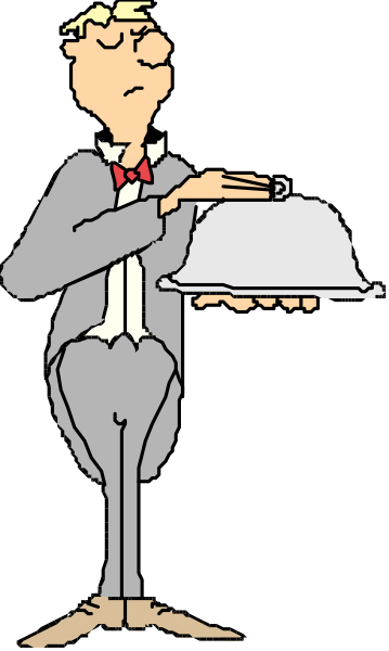 The cartoon shows a man dressed as a waiter holding an oversized cake on his tray while standing next to it in front of him.