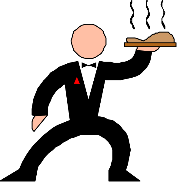 The image shows a black tie event with two figures: on the left side is an animated character dressed as a waiter in formal attire holding what appears to be a tray of food; on the right side, there's another figure that seems like it could represent someone standing at attention or waiting.