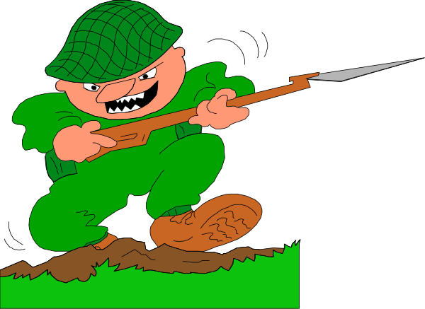 The cartoon shows two soldiers with guns; on left soldier has a rifle pointed upwards while standing next to an earthen mound of dirt in front of him, wearing boots and holding his gun horizontally across chest. On right soldier is crouched down behind another similar-looking soldier who appears to be aiming at something offscreen with the same type of weapon; both soldiers are depicted as caricatures against a dark background that suggests nighttime or low light conditions.