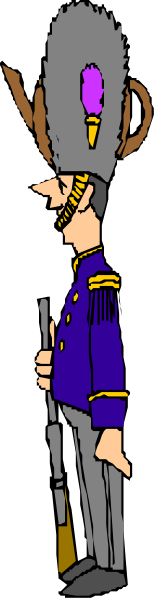 The image shows a cartoon of an officer with a sword standing next to another figure that appears to be holding a flagpole; both figures have military uniforms on.