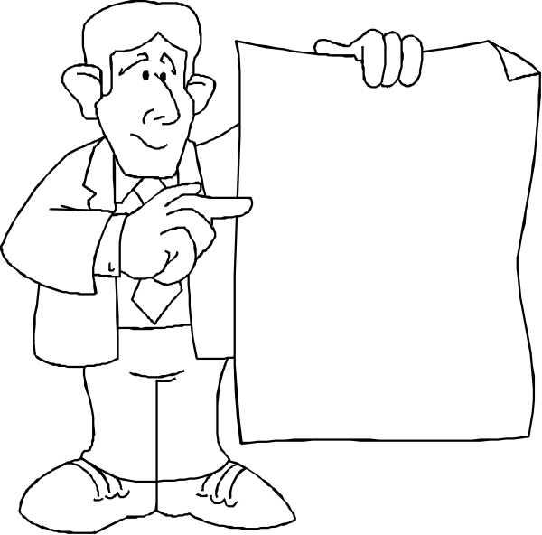 The black and white cartoon shows a man holding up an empty sign with his finger pointing to it while another figure looks on from behind him; both characters appear surprised or puzzled by something off-frame.