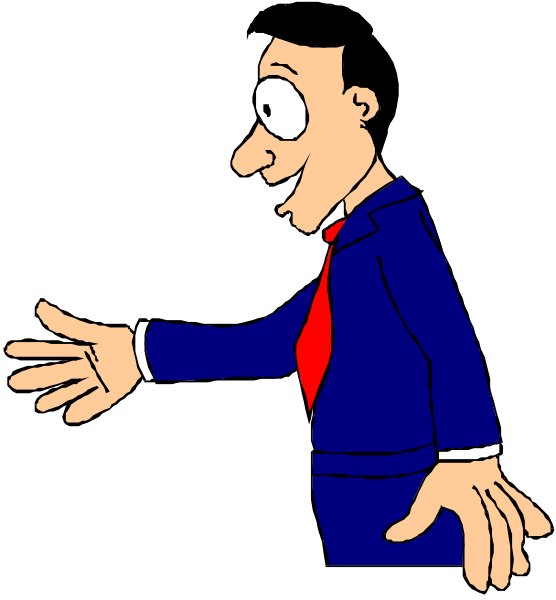 The cartoon shows a man dressed as an executive with his hand outstretched towards another figure who is waving back at him from behind what appears to be a door frame in a dark room.