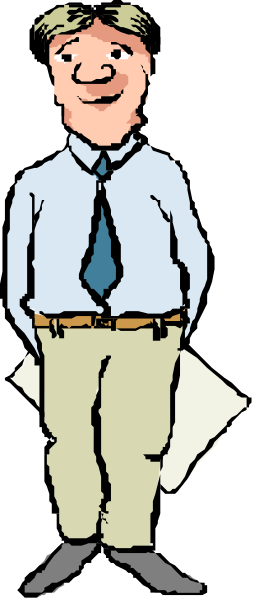 The cartoon shows a man standing with his hands on hips against a dark background; he is wearing light-colored pants, a blue shirt, tie, belt, shoes, glasses, and has short hair.
